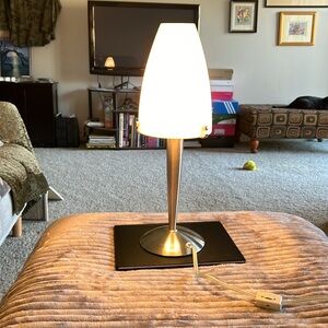 Modern desk lamp, frosted glass shade, silver metal base. 16”tall, 5” base.